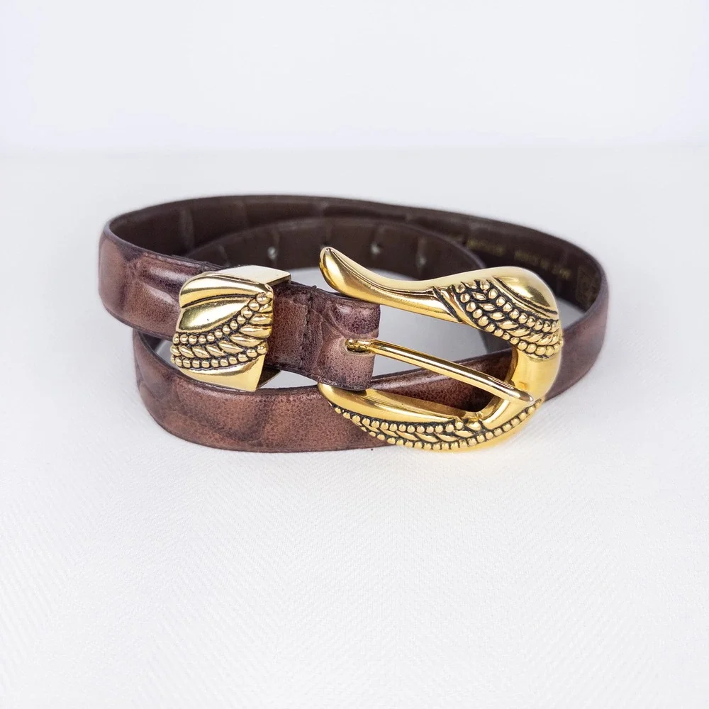 Sculptural Vintage Ritz Brown Leather Croc Embossed Belt Gold Wing Buckle 34